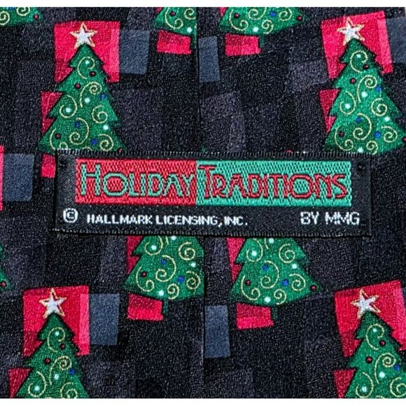 VTG Silk Christmas Tree Neck Tie Black Green Red Gold Holiday Party Hallmark USA - Picture 3 of 7